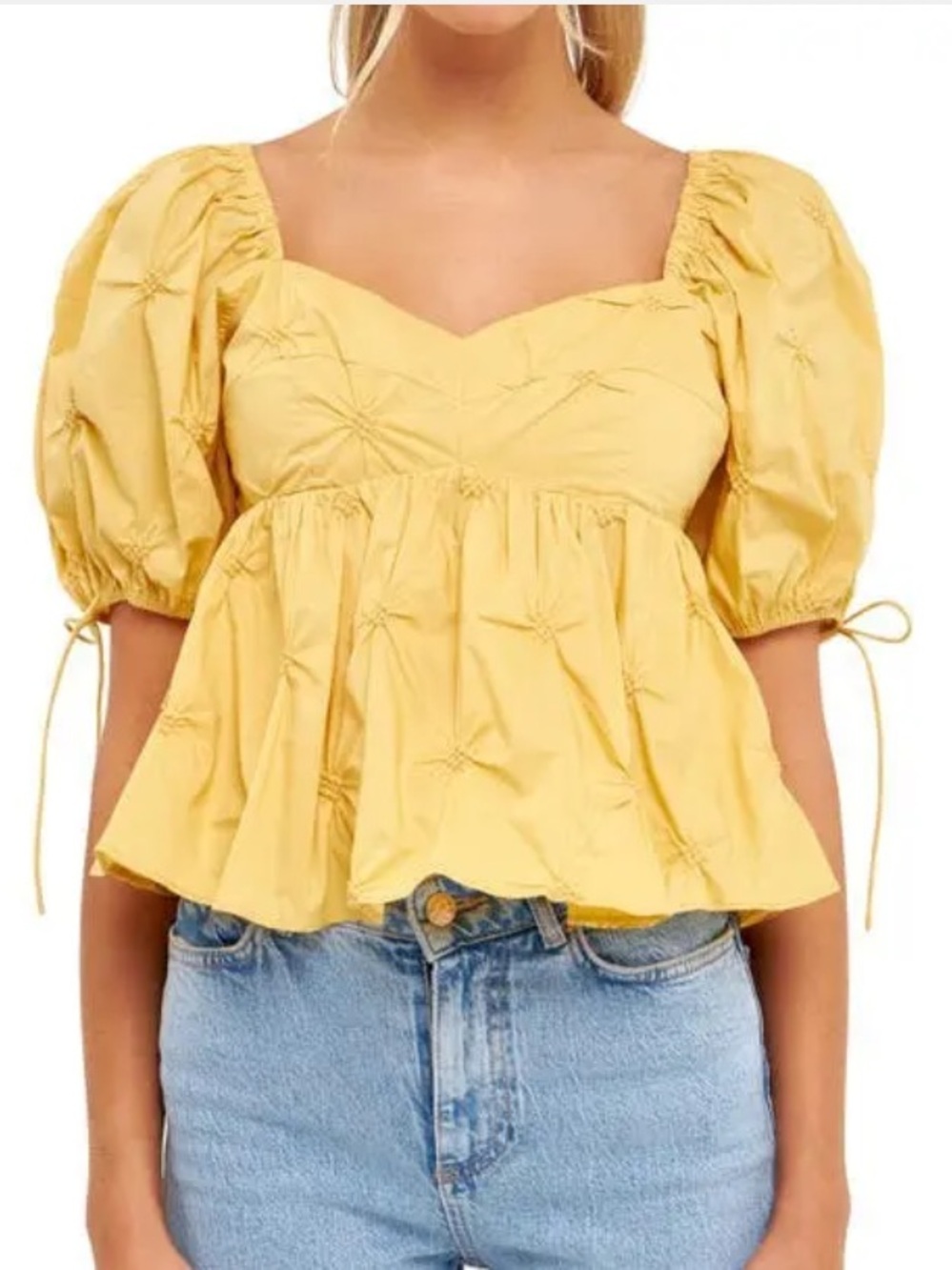 English Factory Mustard Yellow Textured Cotton Babydoll Top Puff Sleeve Fall M